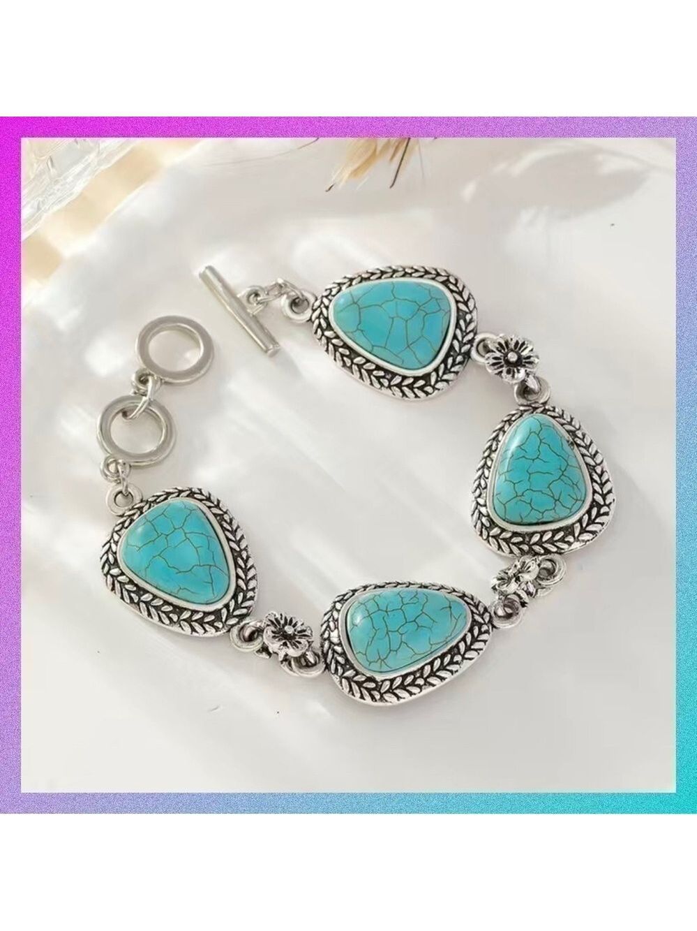Faux Turquoise and Silver Concho Chain Bracelet (#1121)